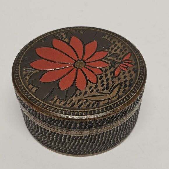 Vintage Japanese Round Wooden Trinket Jewelry Box Floral Theme - Picture 9 of 9